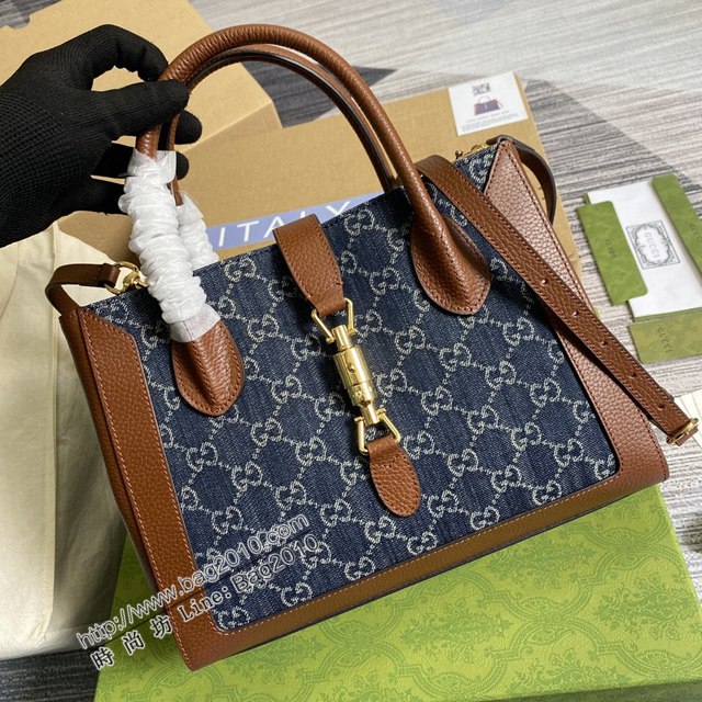 Gucci2021新顏色女包 古馳Jackie1961系列交織字母元素托特包 Gucci牛仔布手提肩背包 649016  ydg3187